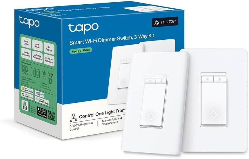 TP-Link Tapo Smart 3 Way Dimmer Switch KIT, Matter Compatible, Energy Monitoring, Neutral Wire Required, Works with Alexa, Siri, Google Home, SmartThings, UL Certified, 2.4GHZ Wi-Fi, Tapo S515D KIT - Product Image