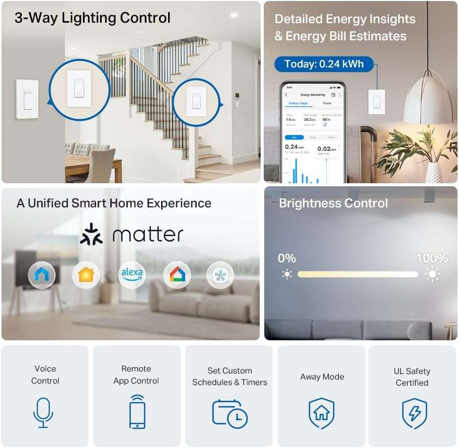 TP-Link Tapo Smart 3 Way Dimmer Switch KIT, Matter Compatible, Energy Monitoring, Neutral Wire Required, Works with Alexa, Siri, Google Home, SmartThings, UL Certified, 2.4GHZ Wi-Fi, Tapo S515D KIT - Image 2
