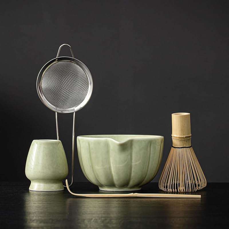 SFTXEY Matcha Whisk Set, Matcha Set Includes Ceramic Matcha Bowl, Bamboo Whisk, Scoop, Chasen Holder, Sifter, 5 Pcs Perfect Matcha Kit for Matcha Lover (Mottled Green) - Image 1