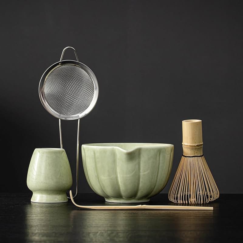 SFTXEY Matcha Whisk Set, Matcha Set Includes Ceramic Matcha Bowl, Bamboo Whisk, Scoop, Chasen Holder, Sifter, 5 Pcs Perfect Matcha Kit for Matcha Lover (Mottled Green) - Product Image