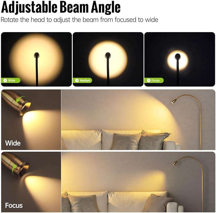 SpeePlant Reading Floor Lamp, 73" Standing Lamp with Dimmable Zoomable LED Spotlight, Adjustable Color Beam and Flexible Gooseneck, Remote & Pedal Control, for Reading Bedroom Crafting (Antique Brass) - Image 2