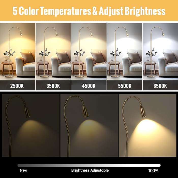 SpeePlant Reading Floor Lamp, 73" Standing Lamp with Dimmable Zoomable LED Spotlight, Adjustable Color Beam and Flexible Gooseneck, Remote & Pedal Control, for Reading Bedroom Crafting (Antique Brass) - Image 3