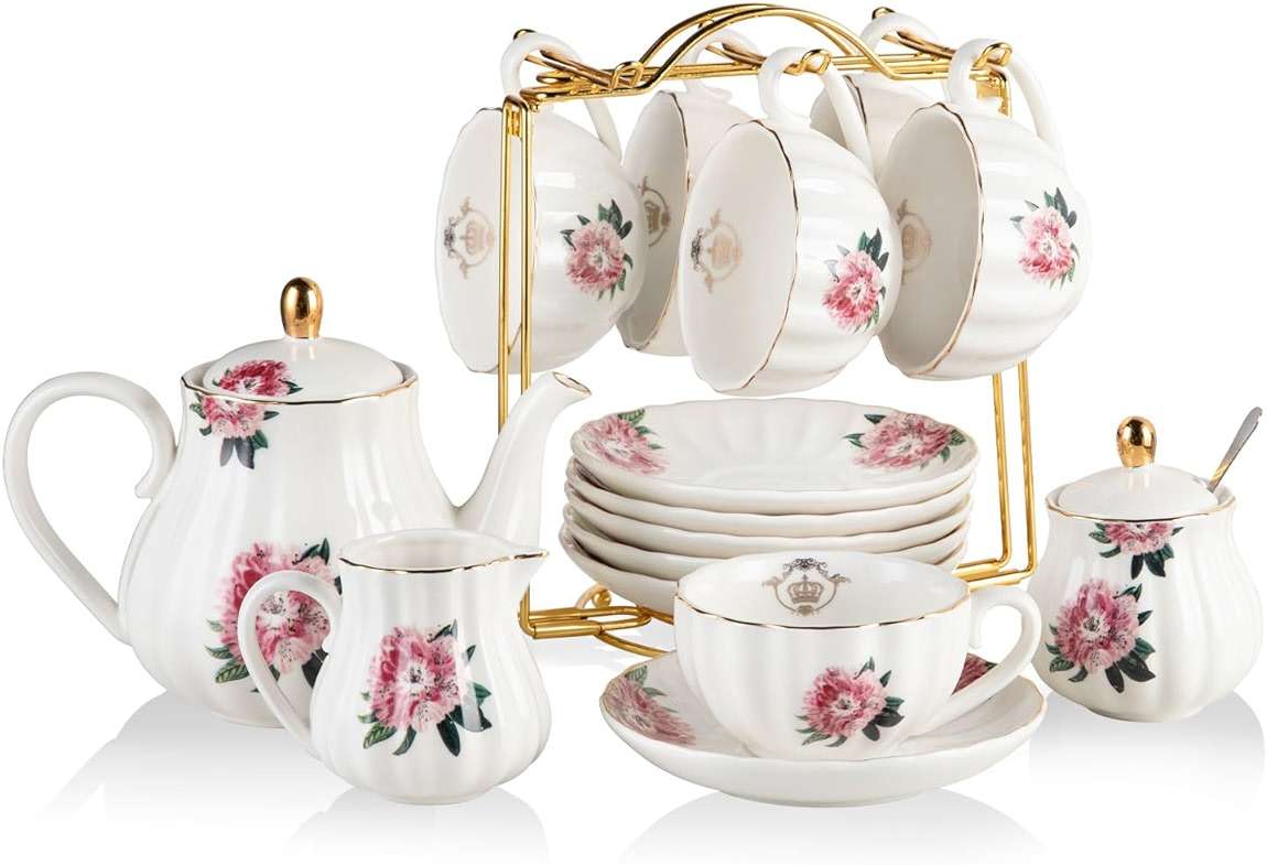 Sweejar Porcelain Tea Sets British Royal Series, 8 OZ Cups & Saucer Service for 6, with Teapot Sugar Bowl Cream Pitcher Teaspoons and Tea Strainer, Suitable for High Tea, Wedding, Party - Image 1