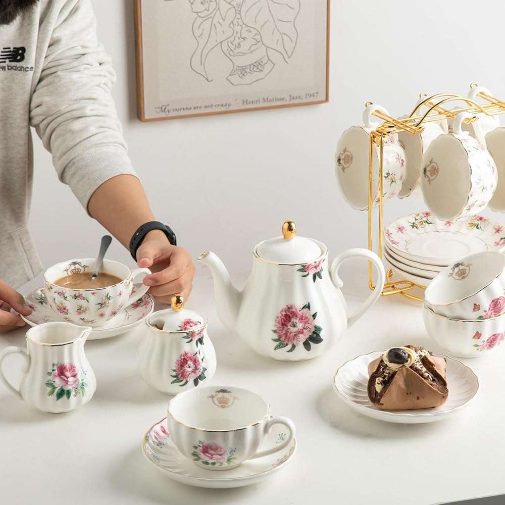 Sweejar Porcelain Tea Sets British Royal Series, 8 OZ Cups & Saucer Service for 6, with Teapot Sugar Bowl Cream Pitcher Teaspoons and Tea Strainer, Suitable for High Tea, Wedding, Party - Image 2