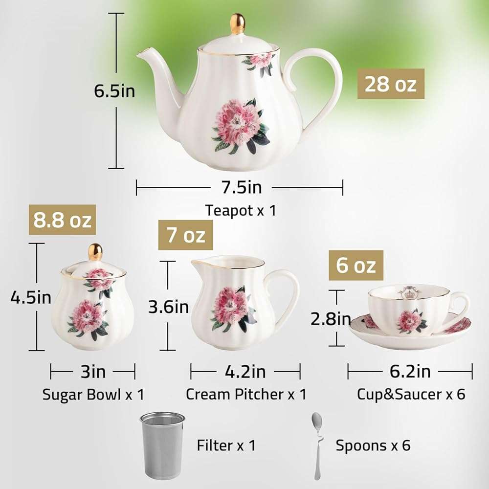 Sweejar Porcelain Tea Sets British Royal Series, 8 OZ Cups & Saucer Service for 6, with Teapot Sugar Bowl Cream Pitcher Teaspoons and Tea Strainer, Suitable for High Tea, Wedding, Party - Image 3