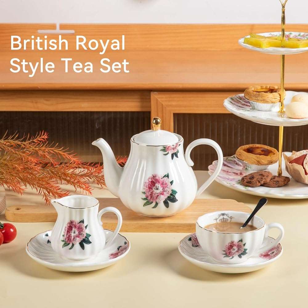 Sweejar Porcelain Tea Sets British Royal Series, 8 OZ Cups & Saucer Service for 6, with Teapot Sugar Bowl Cream Pitcher Teaspoons and Tea Strainer, Suitable for High Tea, Wedding, Party - Image 4