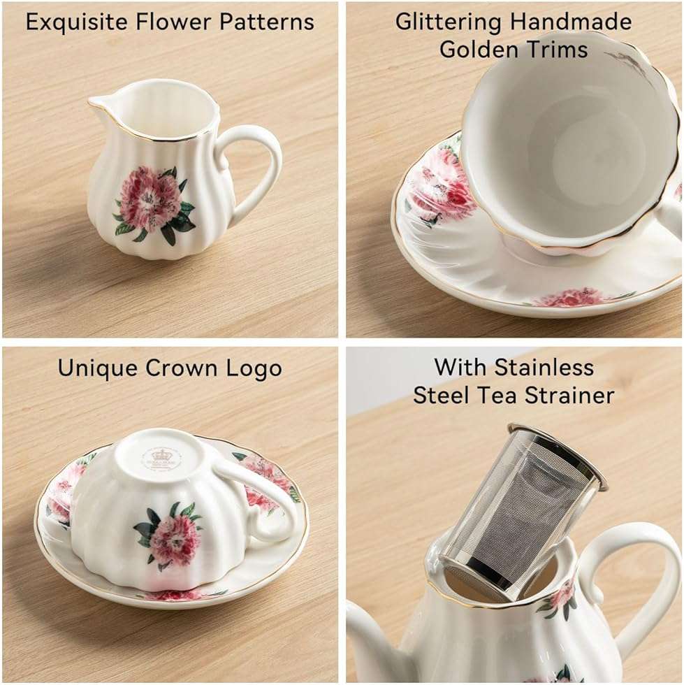Sweejar Porcelain Tea Sets British Royal Series, 8 OZ Cups & Saucer Service for 6, with Teapot Sugar Bowl Cream Pitcher Teaspoons and Tea Strainer, Suitable for High Tea, Wedding, Party - Image 6