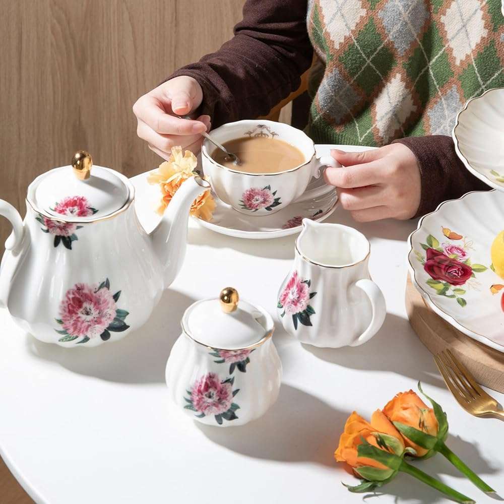Sweejar Porcelain Tea Sets British Royal Series, 8 OZ Cups & Saucer Service for 6, with Teapot Sugar Bowl Cream Pitcher Teaspoons and Tea Strainer, Suitable for High Tea, Wedding, Party - Image 7