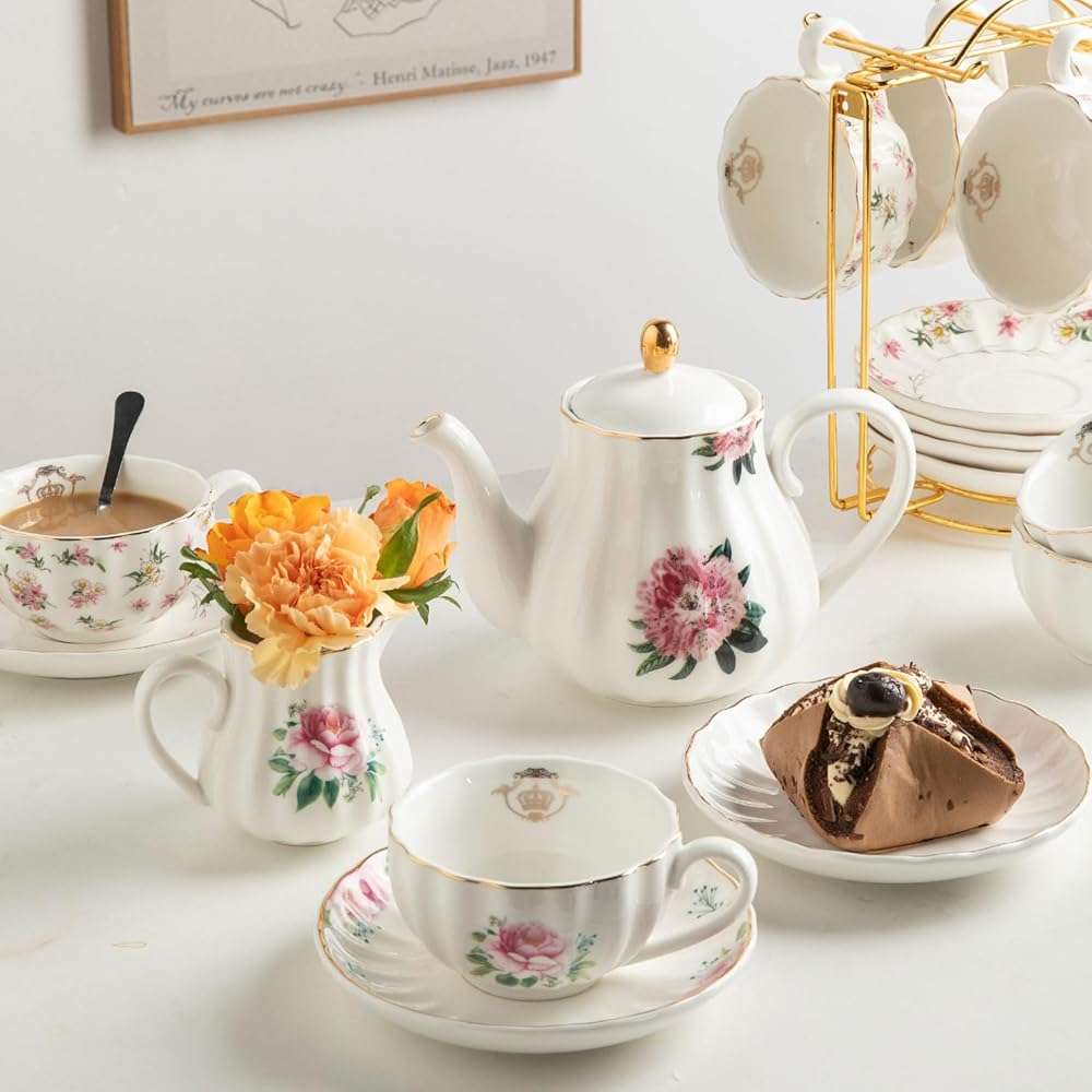 Sweejar Porcelain Tea Sets British Royal Series, 8 OZ Cups & Saucer Service for 6, with Teapot Sugar Bowl Cream Pitcher Teaspoons and Tea Strainer, Suitable for High Tea, Wedding, Party - Image 8