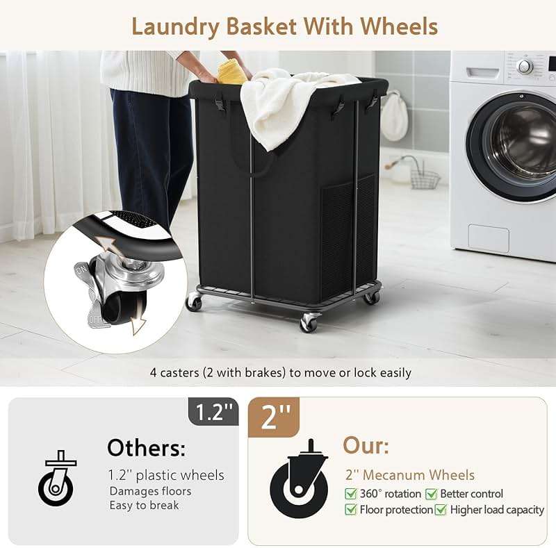 150L Large Laundry Basket with Wheels, Rolling Laundry Hamper with Removable Laundry Bag & Metal Frame, Oxford Fabric Dirty Clothes Hampers for Bedroom, Laundry Room, Bathroom, Dorm(Black) - Image 3