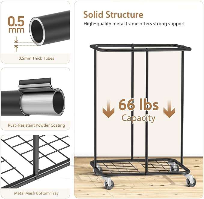 150L Large Laundry Basket with Wheels, Rolling Laundry Hamper with Removable Laundry Bag & Metal Frame, Oxford Fabric Dirty Clothes Hampers for Bedroom, Laundry Room, Bathroom, Dorm(Black) - Image 4