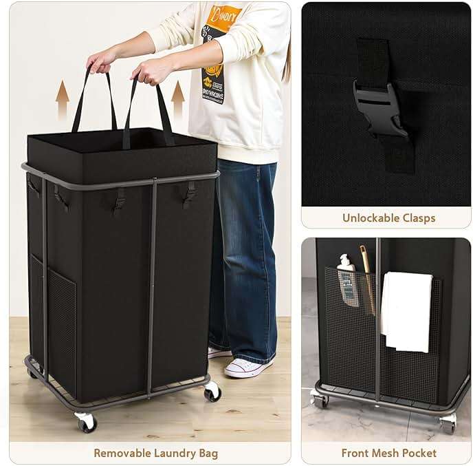 150L Large Laundry Basket with Wheels, Rolling Laundry Hamper with Removable Laundry Bag & Metal Frame, Oxford Fabric Dirty Clothes Hampers for Bedroom, Laundry Room, Bathroom, Dorm(Black) - Image 5