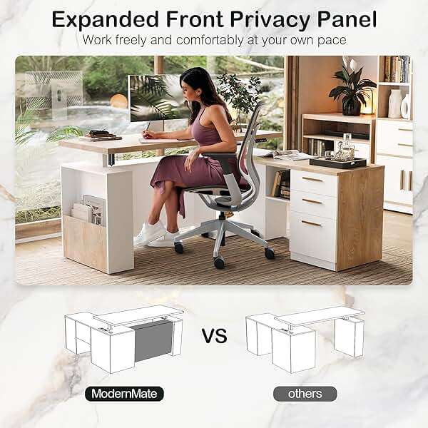 ModernMate 63" Standing Desk with File Cabinet, Privacy Panel, AC/USB, 1.18" Desktop, Executive L Shaped Height Adjustable Electric Stand Up Desk, Home Office Table with 3 Drawers, Light Walnut - Image 2