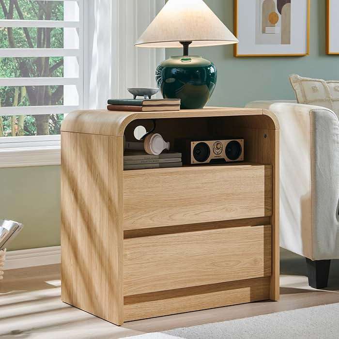 Aitjunz 25" Tall Modern Nightstand with Charging Station, 23.6'' Wide Wood Bedside Table w/2 Storage Drawers, Large Mid Century End Table for Bedroom, Living Room, Curved Profile Design,Natural Oak - Image 1