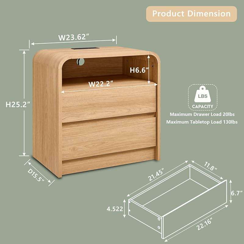 Aitjunz 25" Tall Modern Nightstand with Charging Station, 23.6'' Wide Wood Bedside Table w/2 Storage Drawers, Large Mid Century End Table for Bedroom, Living Room, Curved Profile Design,Natural Oak - Image 2