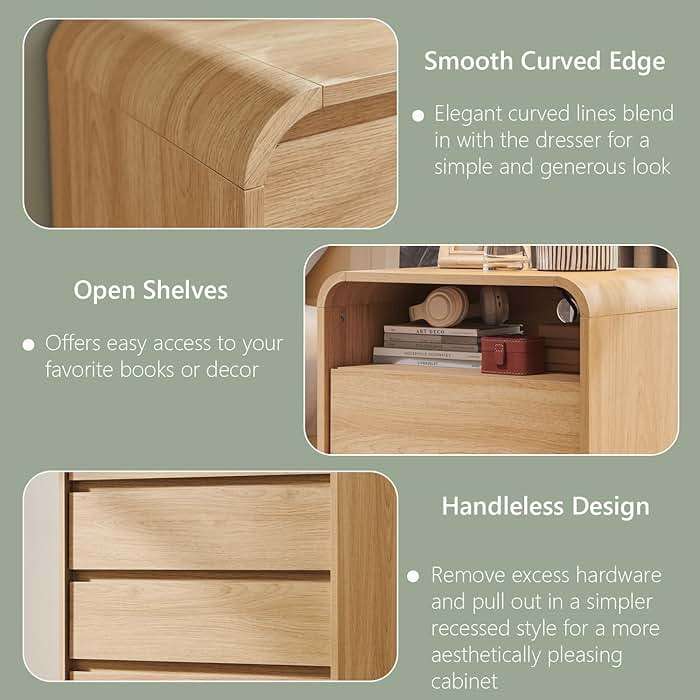Aitjunz 25" Tall Modern Nightstand with Charging Station, 23.6'' Wide Wood Bedside Table w/2 Storage Drawers, Large Mid Century End Table for Bedroom, Living Room, Curved Profile Design,Natural Oak - Image 5