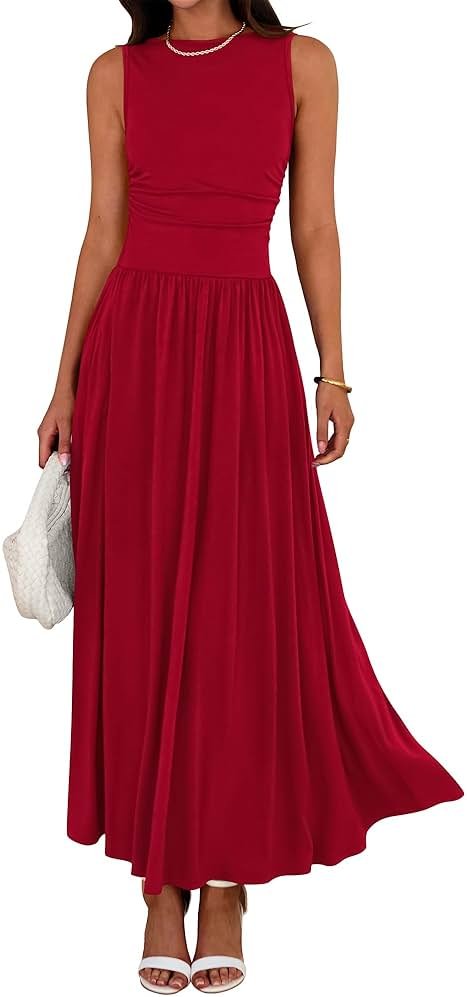 BTFBM Summer Maxi Dresses for Women 2026 Spring Sleeveless Casual Ruched High Waisted Long Sundress Flowy Beach Dress - Product Image