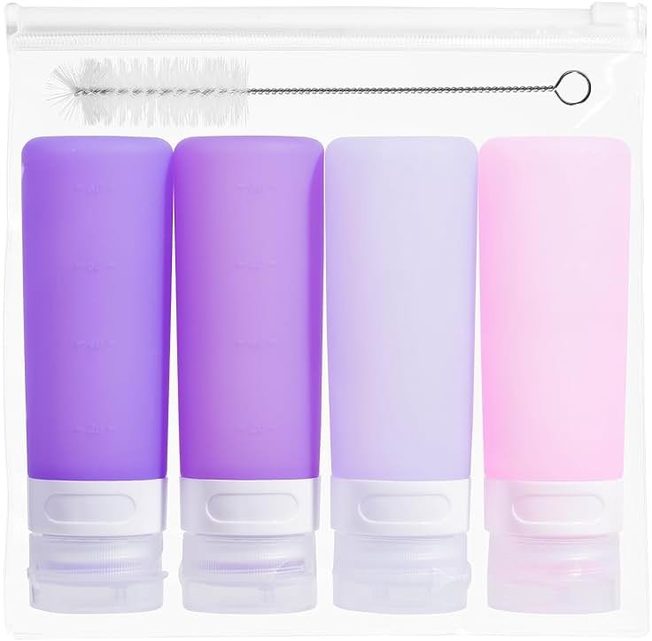 MICEBAY Condiment Squeeze Bottles for Sauces, 3-oz Mini Silicone Salad Dressing Container to Go with Snack Storage Bag, Leakproof Sauce Bottles for Lunch Box, 4 Pack, Purple - Product Image