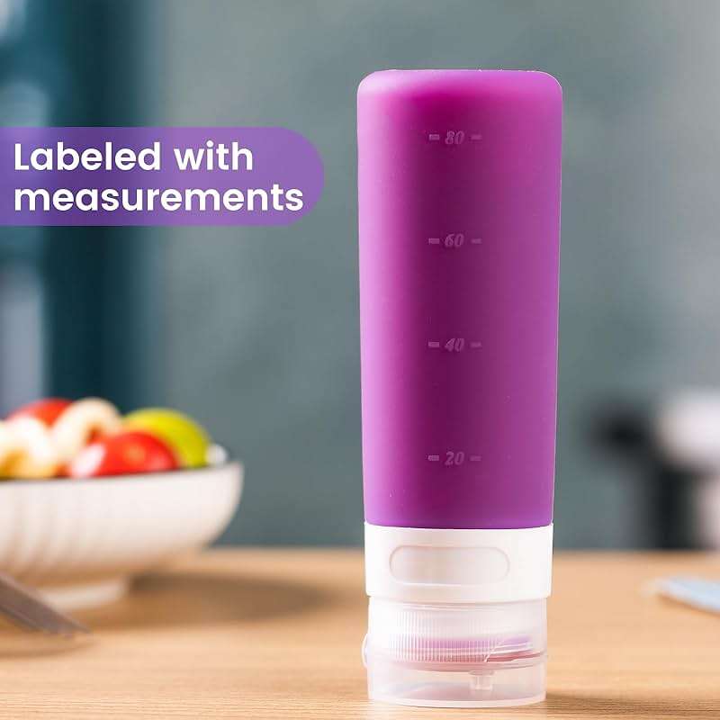 MICEBAY Condiment Squeeze Bottles for Sauces, 3-oz Mini Silicone Salad Dressing Container to Go with Snack Storage Bag, Leakproof Sauce Bottles for Lunch Box, 4 Pack, Purple - Image 2