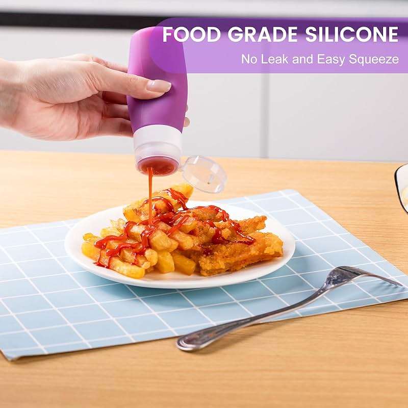 MICEBAY Condiment Squeeze Bottles for Sauces, 3-oz Mini Silicone Salad Dressing Container to Go with Snack Storage Bag, Leakproof Sauce Bottles for Lunch Box, 4 Pack, Purple - Image 5