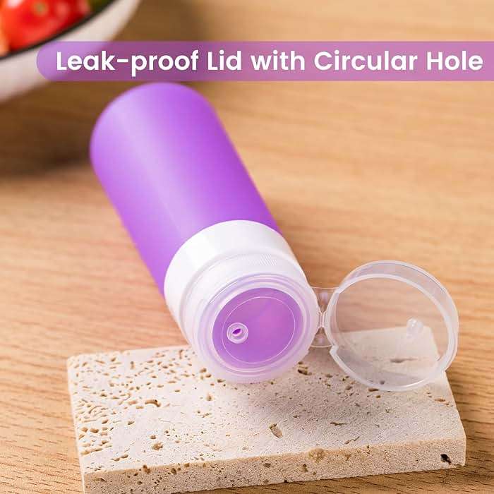 MICEBAY Condiment Squeeze Bottles for Sauces, 3-oz Mini Silicone Salad Dressing Container to Go with Snack Storage Bag, Leakproof Sauce Bottles for Lunch Box, 4 Pack, Purple - Image 6