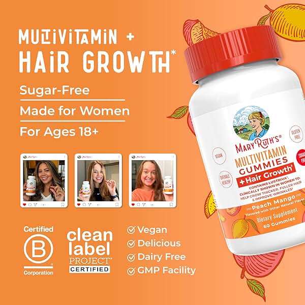 MaryRuth's Multivitamin + Hair Growth Gummies | with Lustriva® | Biotin 10000mcg | B Vitamins | Formulated for Thicker Hair, Wrinkles, Fine Lines, Skin Care | Ages 18+ | 30 Servings - Image 8
