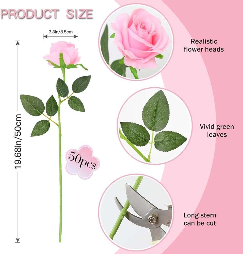 FLORRALIA 50PCS Artificial Silk Roses in Bulk & Bouquet Long Stem – Realistic Fake Roses for Wedding Centerpieces, Home Decor, Floral Arrangements, Party Decoration (Pink) - Image 3