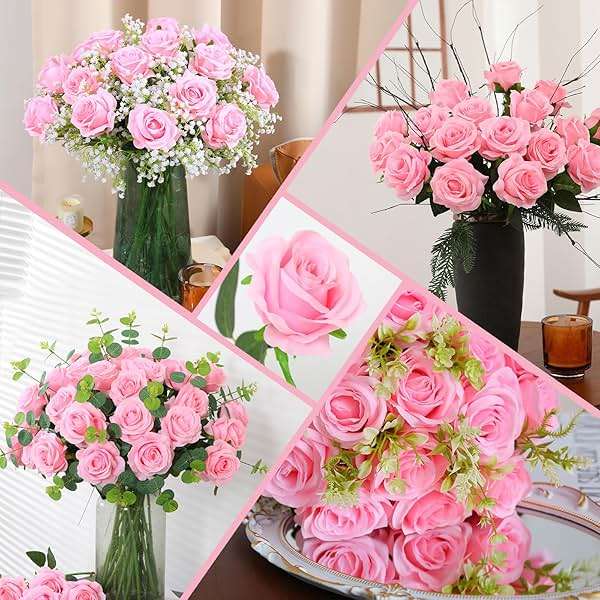 FLORRALIA 50PCS Artificial Silk Roses in Bulk & Bouquet Long Stem – Realistic Fake Roses for Wedding Centerpieces, Home Decor, Floral Arrangements, Party Decoration (Pink) - Image 4