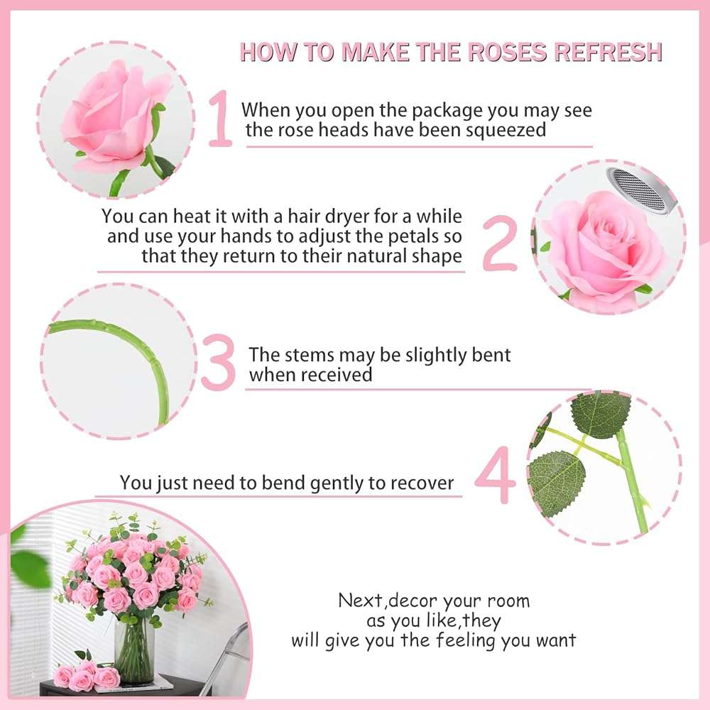 FLORRALIA 50PCS Artificial Silk Roses in Bulk & Bouquet Long Stem – Realistic Fake Roses for Wedding Centerpieces, Home Decor, Floral Arrangements, Party Decoration (Pink) - Image 6