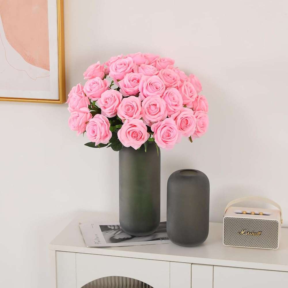 FLORRALIA 50PCS Artificial Silk Roses in Bulk & Bouquet Long Stem – Realistic Fake Roses for Wedding Centerpieces, Home Decor, Floral Arrangements, Party Decoration (Pink) - Image 8