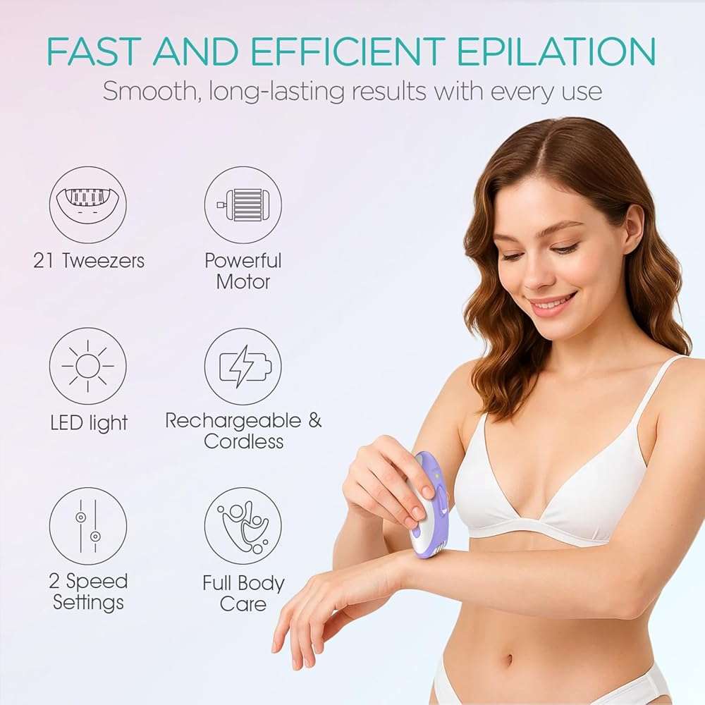 VOGOE Epilators Hair Removal for Women with 21 Tweezers & LED Light, 2 Speeds Cordless Epilator for Women, Electric Hair Removal Epilators Rechargeable for Arms & Legs HR110 (Purple) - Image 2