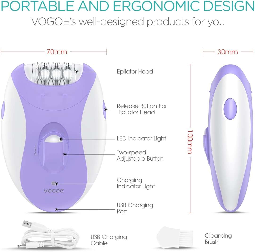 VOGOE Epilators Hair Removal for Women with 21 Tweezers & LED Light, 2 Speeds Cordless Epilator for Women, Electric Hair Removal Epilators Rechargeable for Arms & Legs HR110 (Purple) - Image 6