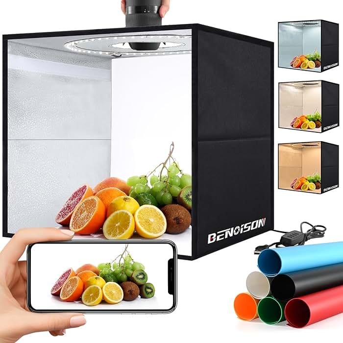 BENOISON Light Box Photography 16"x16" Portable Shooting Tent with 120 LEDs & 6 Backdrops for Jewelry Watches Cosmetics Food Photography - Product Image