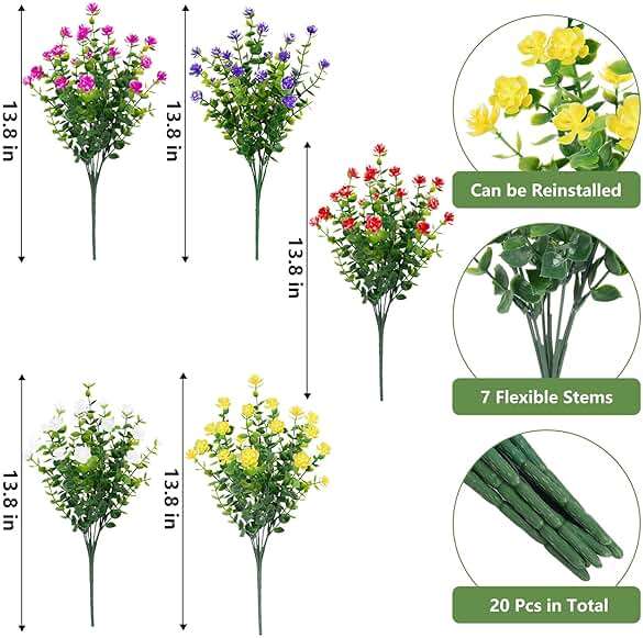 Bassion 20 Bundles Artificial Flowers for Outdoors Decoration UV Resistant Faux Flowers Fake Plastic Plants Shrubs for Indoor Outside Garden Porch Hanging Planter Window Box Home Decor - Image 3
