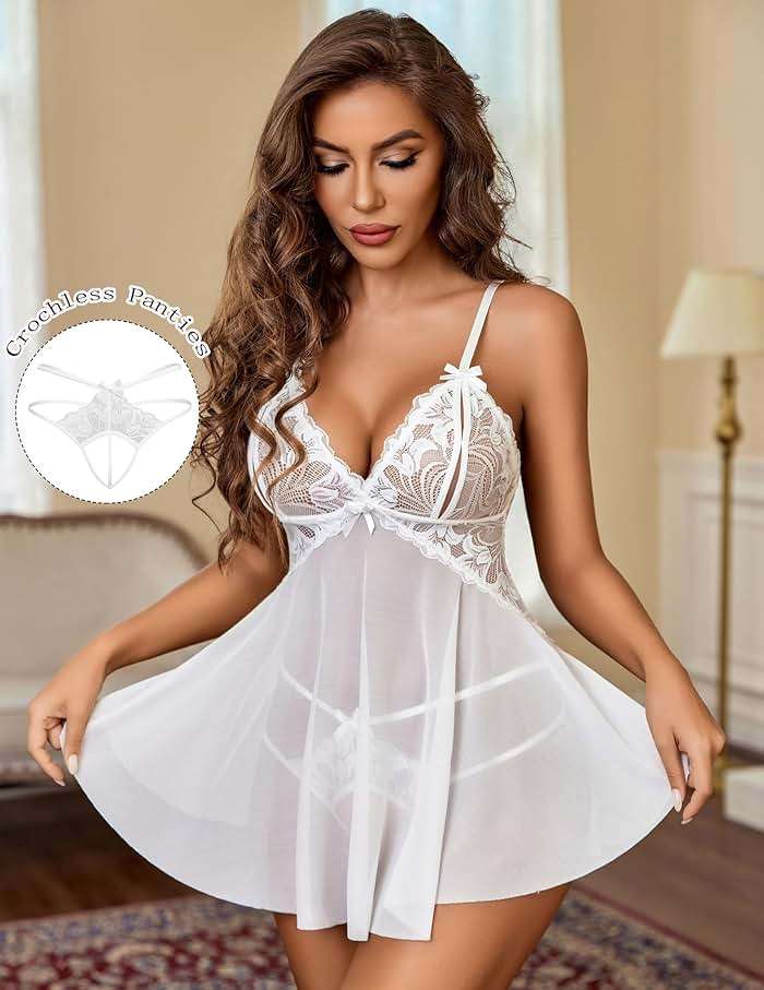 Avidlove Sexy Lingerie for Women Lace Babydoll Chemise V Neck Mesh Nightwear Boudoir Outfits - Image 3