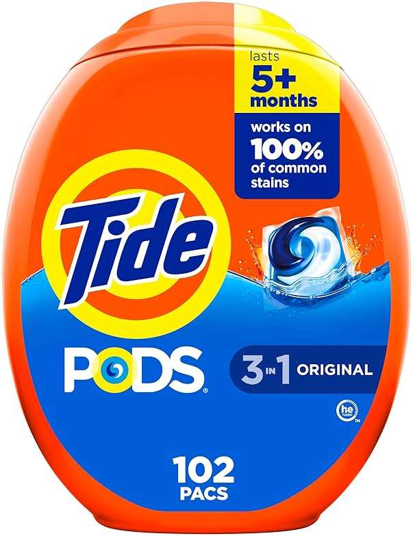 Tide PODS laundry detergent pacs, 3-in-1 Stain Remover, Odor Fighter, Color Protector, 102 Count, HE compatible, Original Scent - Image 1