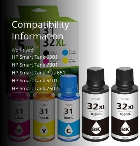 31 32XL Ink Bottle Set, Smart Tank 7602 5101 6001 651 Ink Refill Compatible with HP 31 Ink 32XL Black Ink Bottle Set for Smart Tank 5101 7602 5000 651 5103 6001 7301 7001 7302 5102 7002 7006 Printers - Image 4