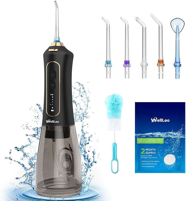 WellLeo Water Flossers for Teeth, 300ML Cordless Oral Irrigator Rechargeable Dental Flosser Picks with 5 Modes 5 Jet Tips,IPX7 Waterproof Teeth Cleaner for Braces Gum Care, Home Travel Use - Image 1