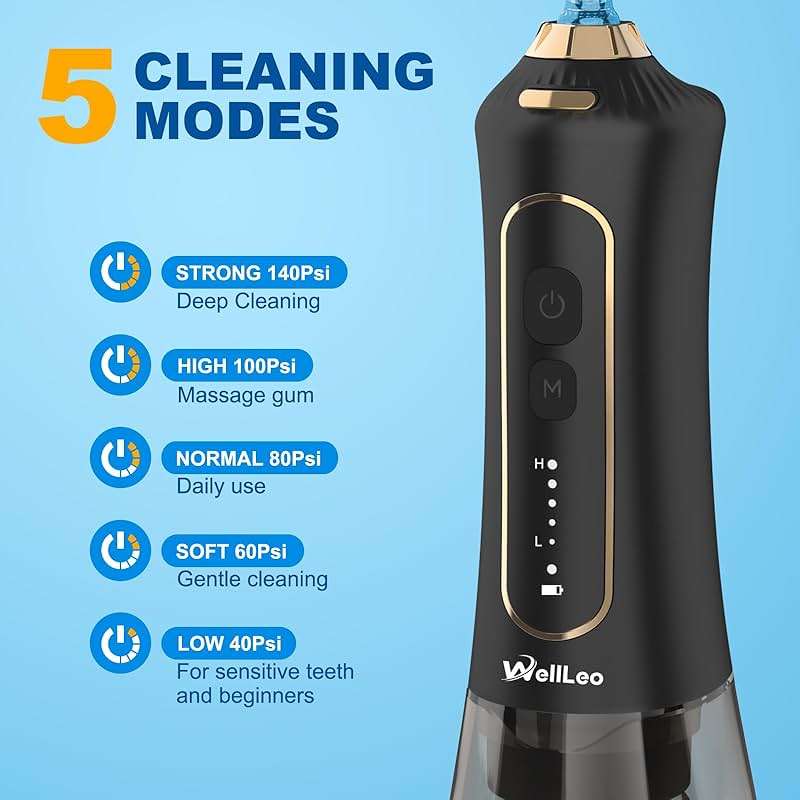 WellLeo Water Flossers for Teeth, 300ML Cordless Oral Irrigator Rechargeable Dental Flosser Picks with 5 Modes 5 Jet Tips,IPX7 Waterproof Teeth Cleaner for Braces Gum Care, Home Travel Use - Image 2