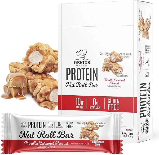 Genius Gourmet Nut Roll Bars Vanilla Caramel Peanut – 10g Protien, Zero Added Sugar, Gluten Free, Non-GMO – Sweet Snack & Dessert for Adults and Kids – 10 Ct Box - Image 1