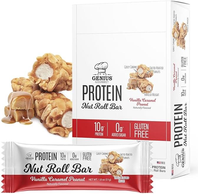 Genius Gourmet Nut Roll Bars Vanilla Caramel Peanut – 10g Protien, Zero Added Sugar, Gluten Free, Non-GMO – Sweet Snack & Dessert for Adults and Kids – 10 Ct Box - Product Image