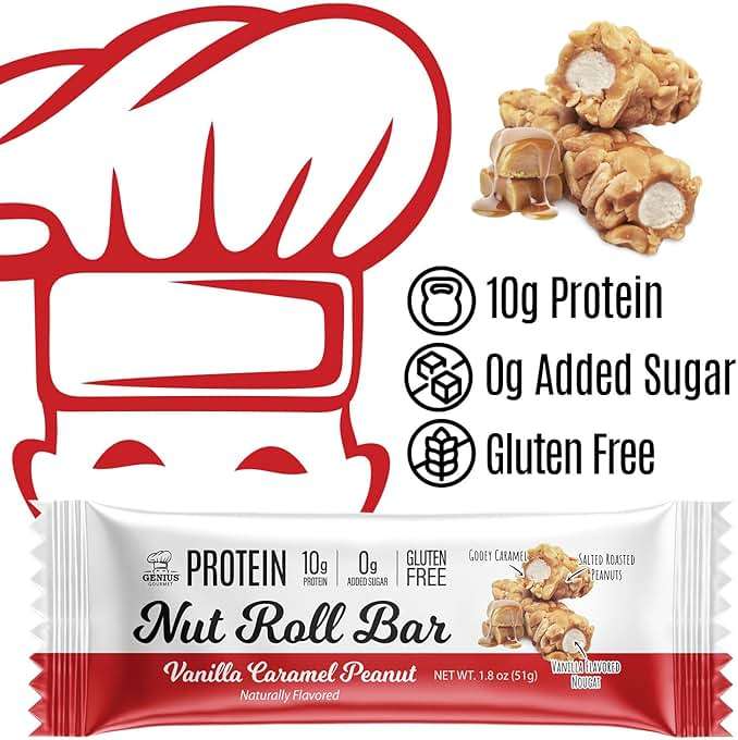 Genius Gourmet Nut Roll Bars Vanilla Caramel Peanut – 10g Protien, Zero Added Sugar, Gluten Free, Non-GMO – Sweet Snack & Dessert for Adults and Kids – 10 Ct Box - Image 3