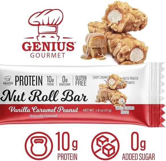 Genius Gourmet Nut Roll Bars Vanilla Caramel Peanut – 10g Protien, Zero Added Sugar, Gluten Free, Non-GMO – Sweet Snack & Dessert for Adults and Kids – 10 Ct Box - Image 5