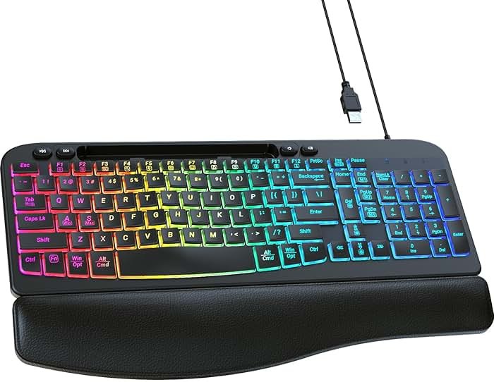 VEILZOR Wired Ergonomic Keyboard, 7-Color Backlit USB Computer Keyboard with Wrist Rest, Wave Keys, Phone Holder, Lighted Keyboard Compatible with PC, Laptop, Windows, and Mac - Product Image