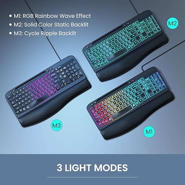 VEILZOR Wired Ergonomic Keyboard, 7-Color Backlit USB Computer Keyboard with Wrist Rest, Wave Keys, Phone Holder, Lighted Keyboard Compatible with PC, Laptop, Windows, and Mac - Image 4