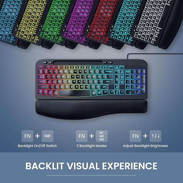 VEILZOR Wired Ergonomic Keyboard, 7-Color Backlit USB Computer Keyboard with Wrist Rest, Wave Keys, Phone Holder, Lighted Keyboard Compatible with PC, Laptop, Windows, and Mac - Image 5