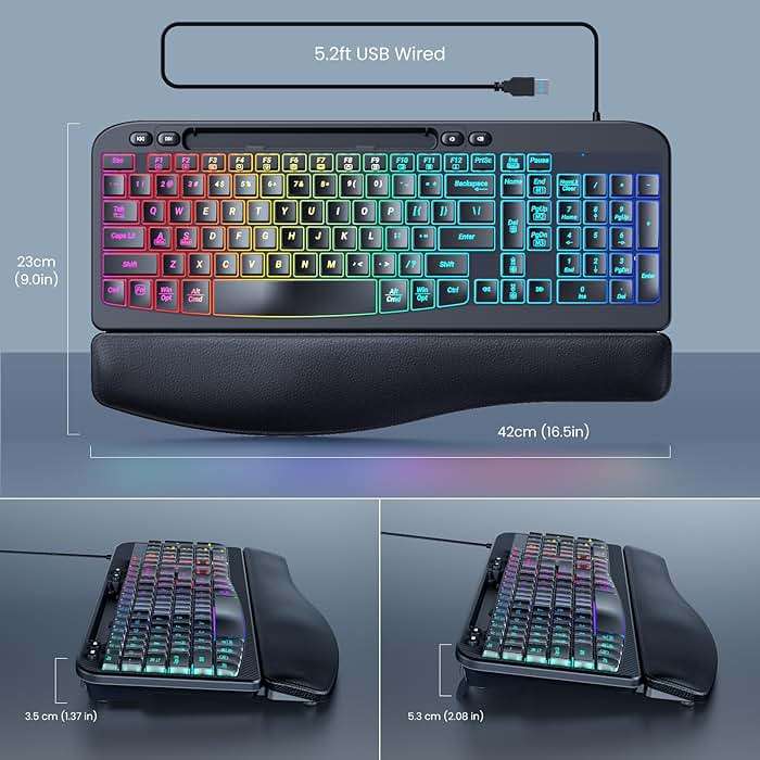 VEILZOR Wired Ergonomic Keyboard, 7-Color Backlit USB Computer Keyboard with Wrist Rest, Wave Keys, Phone Holder, Lighted Keyboard Compatible with PC, Laptop, Windows, and Mac - Image 8