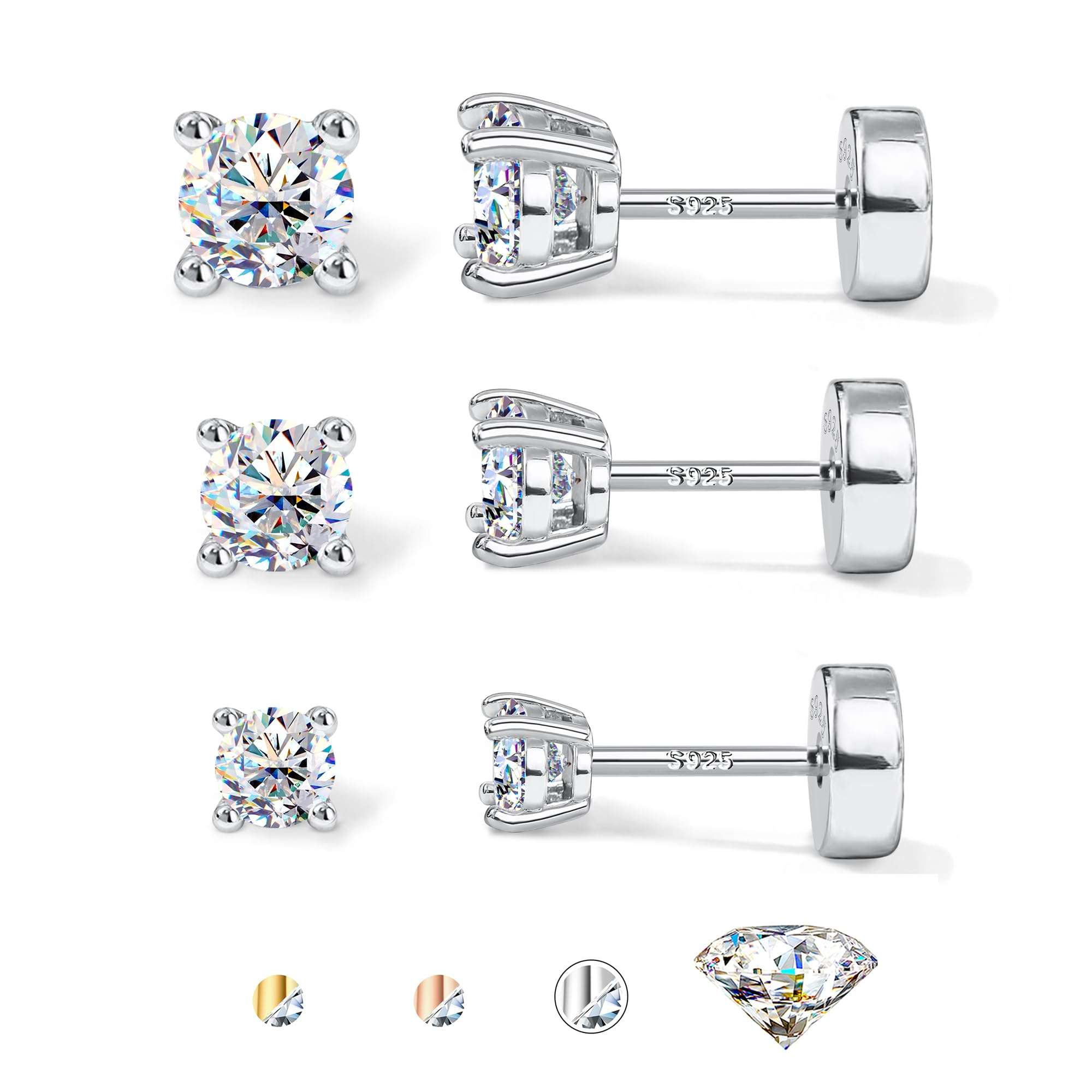GEMQUEEN 3/4 Pairs Moissanite Earrings Studs 14K Gold Plated S925 Sterling Silver Flat Back Earring for Women Men - Hypoallergenic Set Cartilage Helix Piercing Jewelry Trendy D Color VVS1 - Image 1