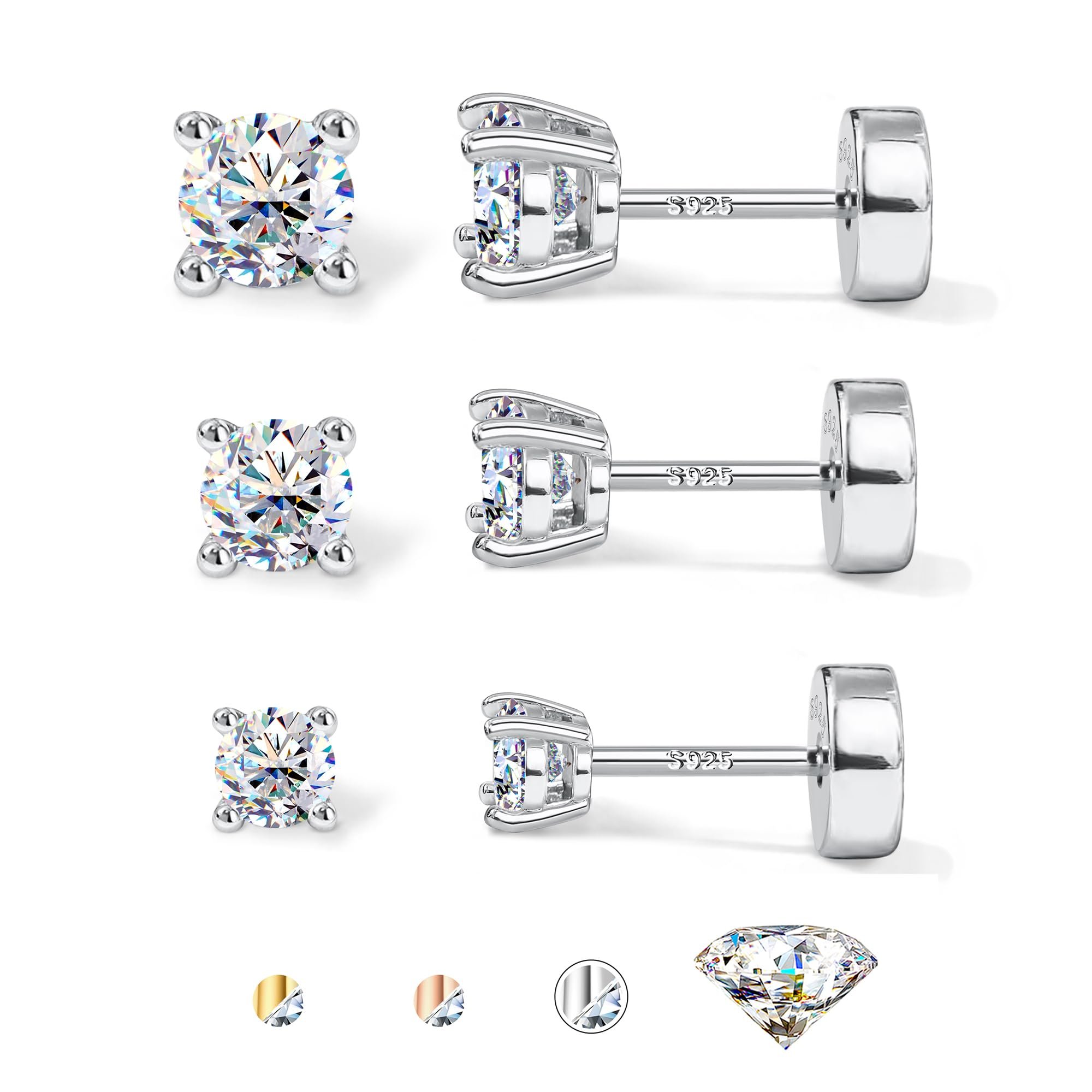 GEMQUEEN 3/4 Pairs Moissanite Earrings Studs 14K Gold Plated S925 Sterling Silver Flat Back Earring for Women Men - Hypoallergenic Set Cartilage Helix Piercing Jewelry Trendy D Color VVS1 - Product Image