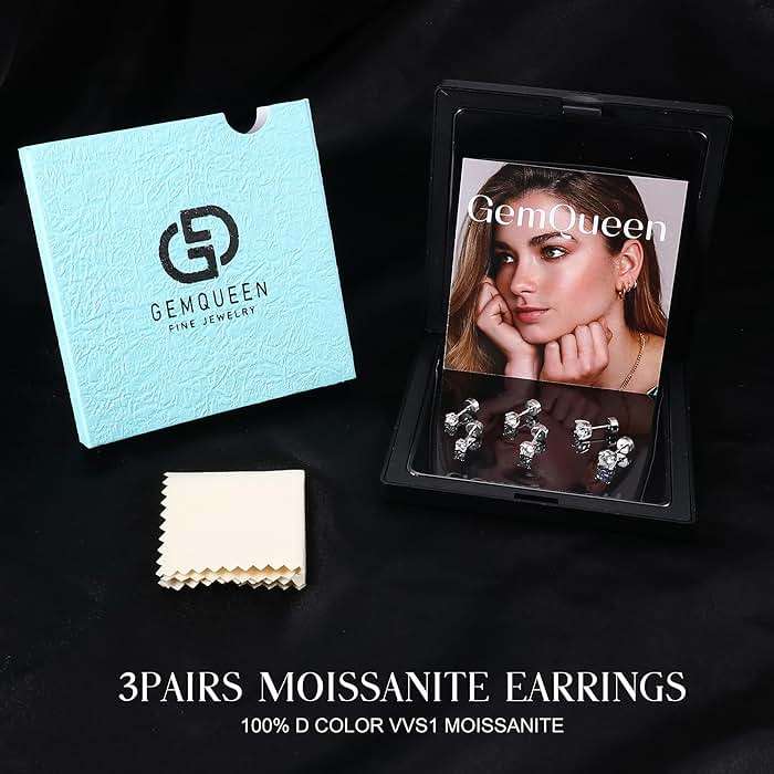 GEMQUEEN 3/4 Pairs Moissanite Earrings Studs 14K Gold Plated S925 Sterling Silver Flat Back Earring for Women Men - Hypoallergenic Set Cartilage Helix Piercing Jewelry Trendy D Color VVS1 - Image 7